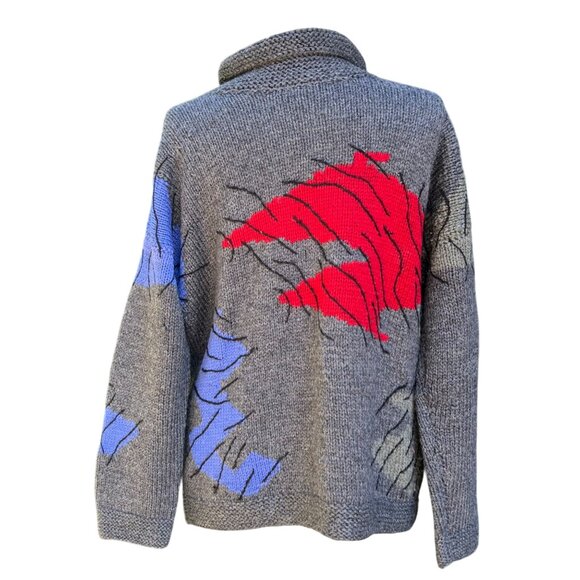 Hand Knit Vtg Turtleneck Wool Sweater Abstract Pattern Gray Red Purple Size 10 - Picture 1 of 5